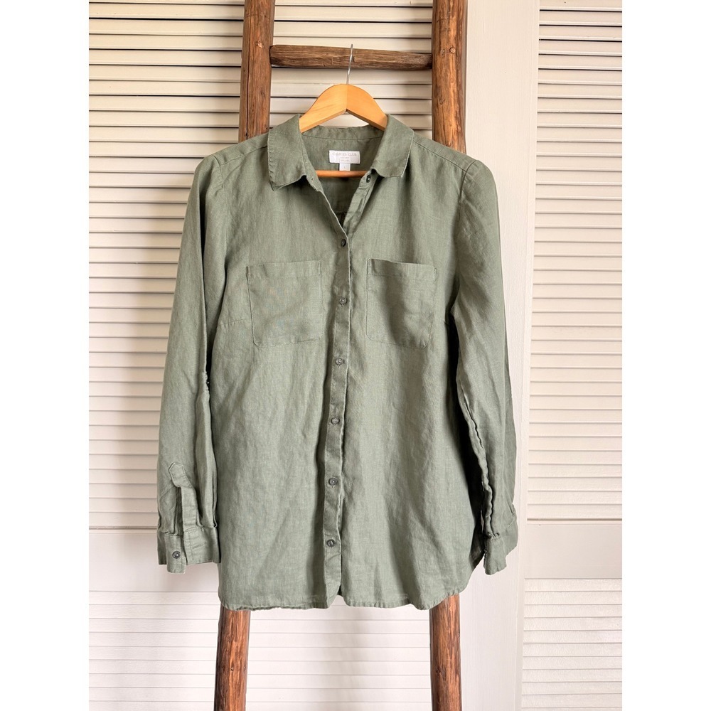 Charter Club‎ Linen Button Down Shirt Large Olive Green